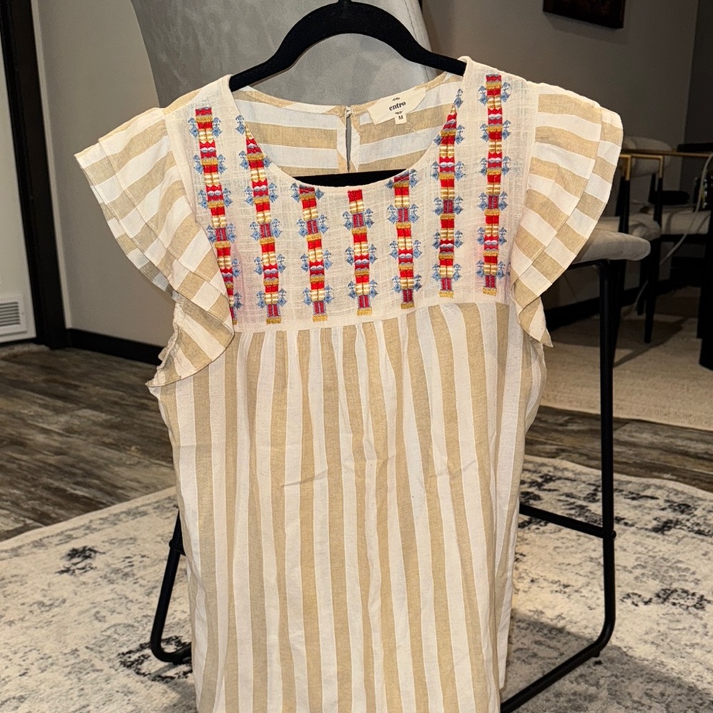 Striped Beige and Multicolor Embroidered Women's Top